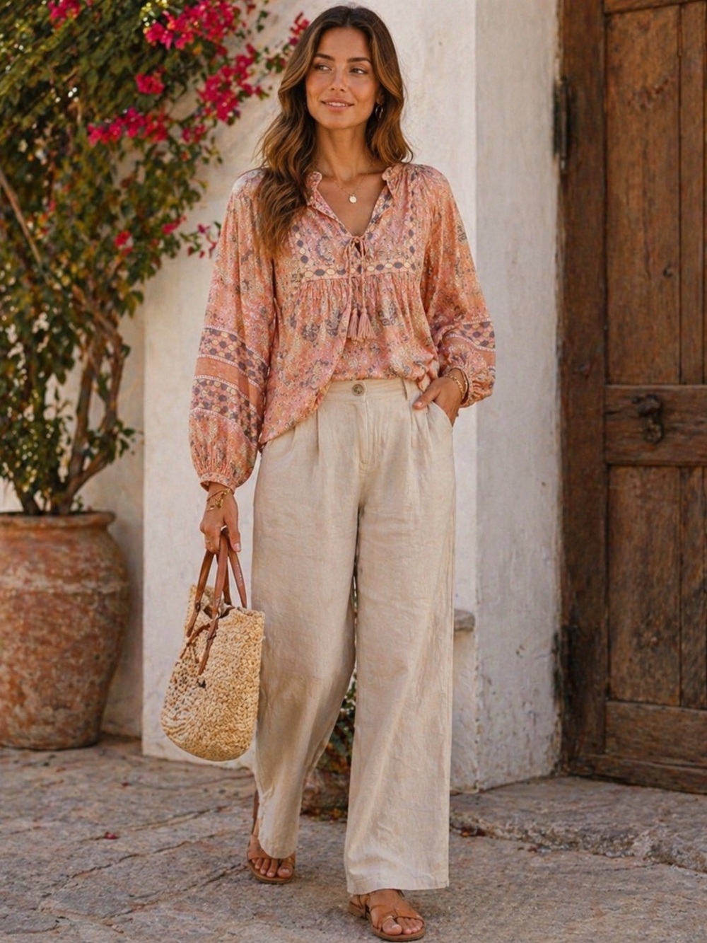 *Cleobella Boho Blouse S Organic Cotton Peach Floral Tassel Top Festival Chic - Picture 2 of 10